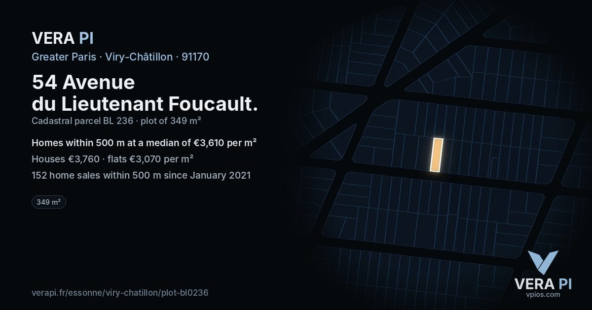 54 Avenue du Lieutenant Foucault, Viry-Châtillon at night – the plot lit, the parcels around coloured by the prices near them