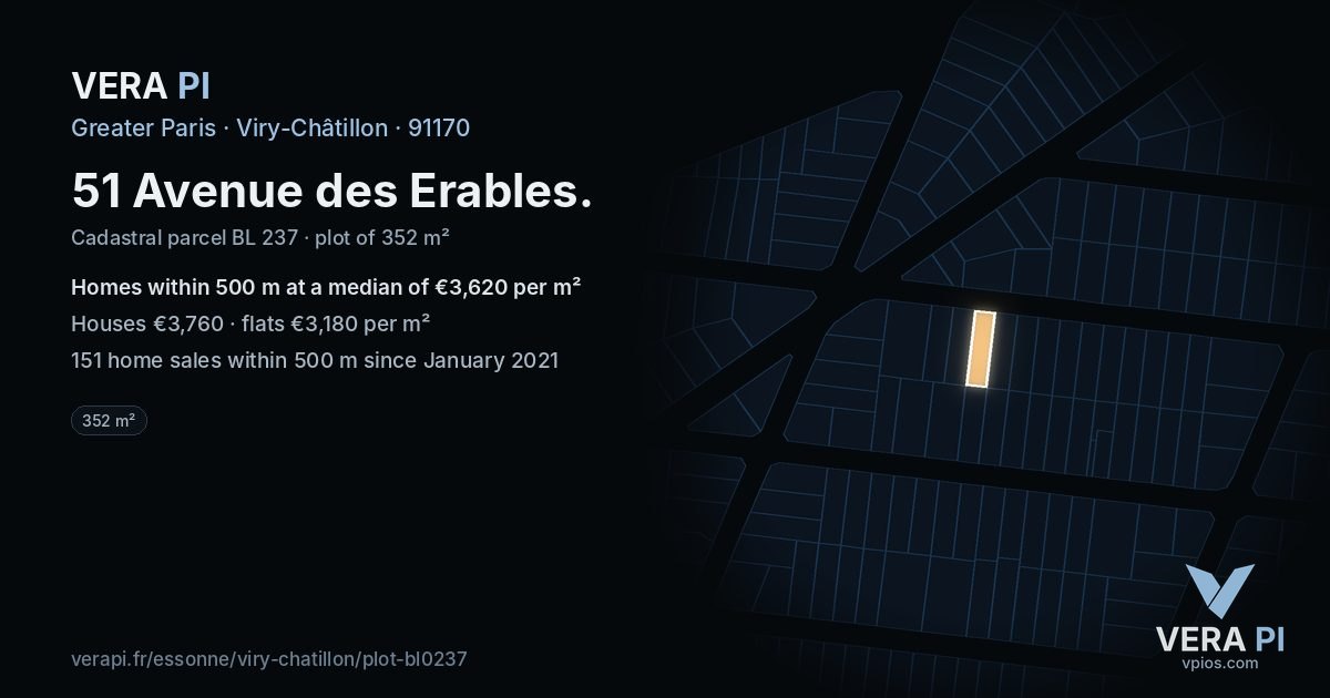 51 Avenue des Erables, Viry-Châtillon at night – the plot lit, the parcels around coloured by the prices near them