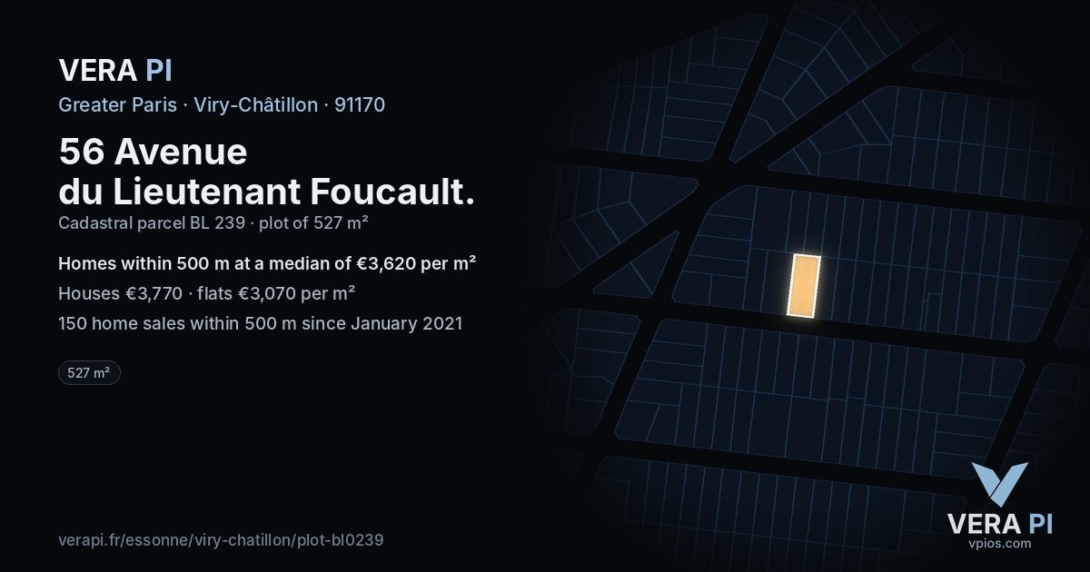 56 Avenue du Lieutenant Foucault, Viry-Châtillon at night – the plot lit, the parcels around coloured by the prices near them