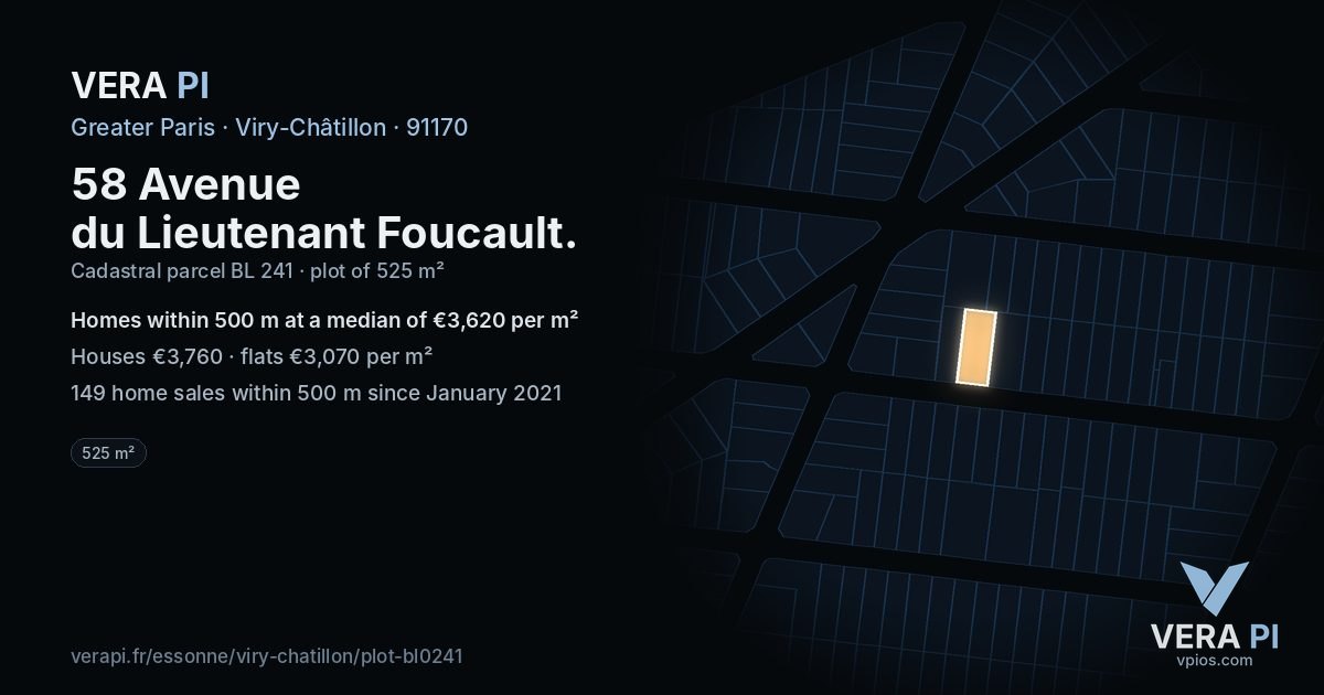 58 Avenue du Lieutenant Foucault, Viry-Châtillon at night – the plot lit, the parcels around coloured by the prices near them