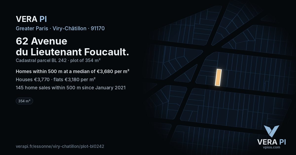 62 Avenue du Lieutenant Foucault, Viry-Châtillon at night – the plot lit, the parcels around coloured by the prices near them
