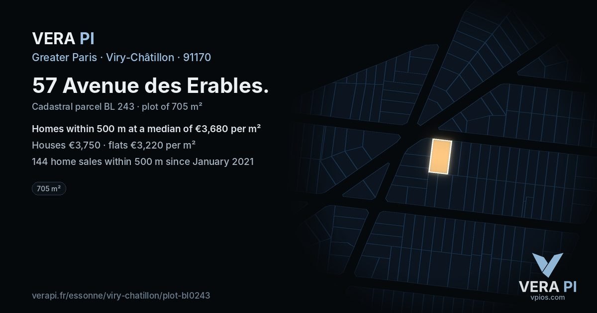57 Avenue des Erables, Viry-Châtillon at night – the plot lit, the parcels around coloured by the prices near them