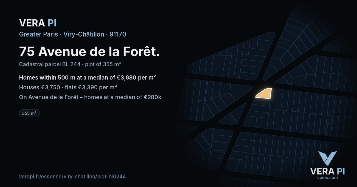 75 Avenue de la Forêt, Viry-Châtillon at night – the plot lit, the parcels around coloured by the prices near them