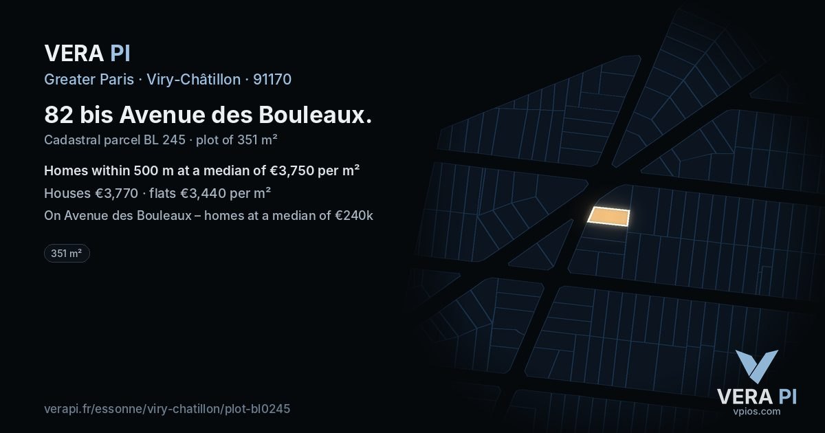 82 bis Avenue des Bouleaux, Viry-Châtillon at night – the plot lit, the parcels around coloured by the prices near them