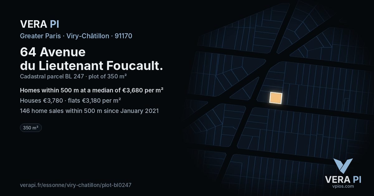 64 Avenue du Lieutenant Foucault, Viry-Châtillon at night – the plot lit, the parcels around coloured by the prices near them