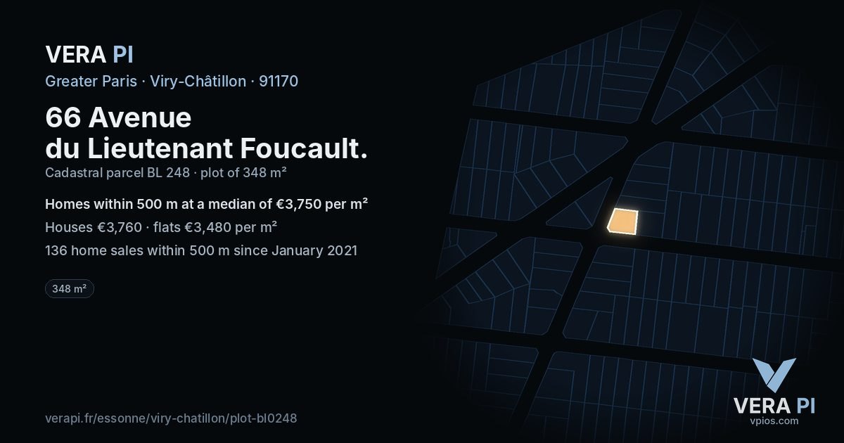 66 Avenue du Lieutenant Foucault, Viry-Châtillon at night – the plot lit, the parcels around coloured by the prices near them