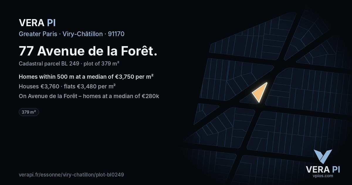 77 Avenue de la Forêt, Viry-Châtillon at night – the plot lit, the parcels around coloured by the prices near them