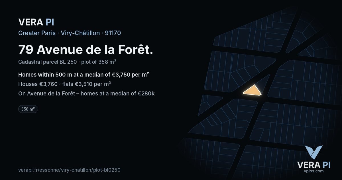 79 Avenue de la Forêt, Viry-Châtillon at night – the plot lit, the parcels around coloured by the prices near them