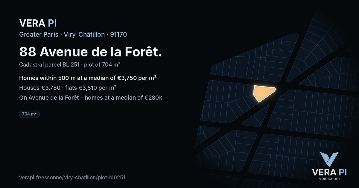88 Avenue de la Forêt, Viry-Châtillon at night – the plot lit, the parcels around coloured by the prices near them