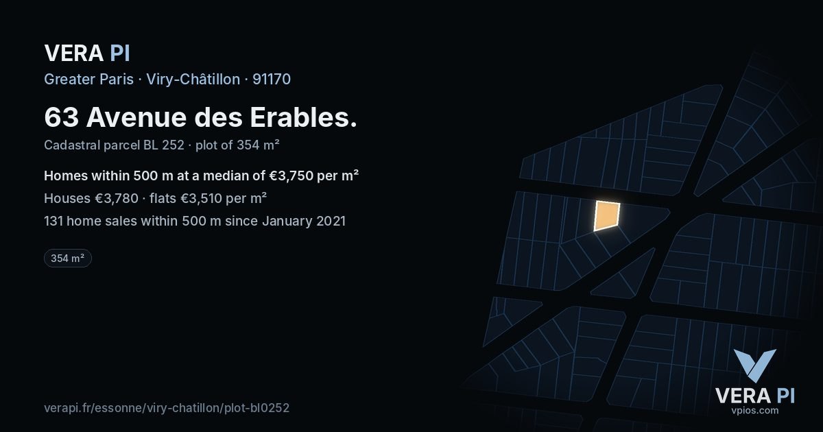 63 Avenue des Erables, Viry-Châtillon at night – the plot lit, the parcels around coloured by the prices near them