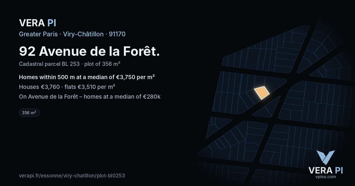 92 Avenue de la Forêt, Viry-Châtillon at night – the plot lit, the parcels around coloured by the prices near them
