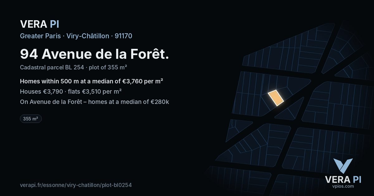 94 Avenue de la Forêt, Viry-Châtillon at night – the plot lit, the parcels around coloured by the prices near them