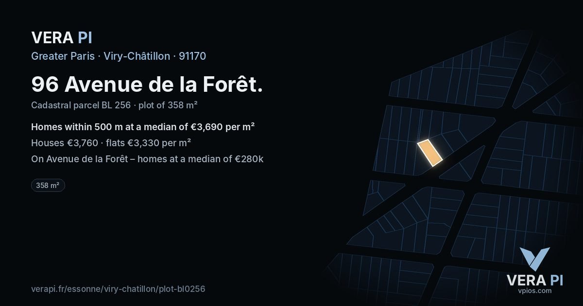 96 Avenue de la Forêt, Viry-Châtillon at night – the plot lit, the parcels around coloured by the prices near them