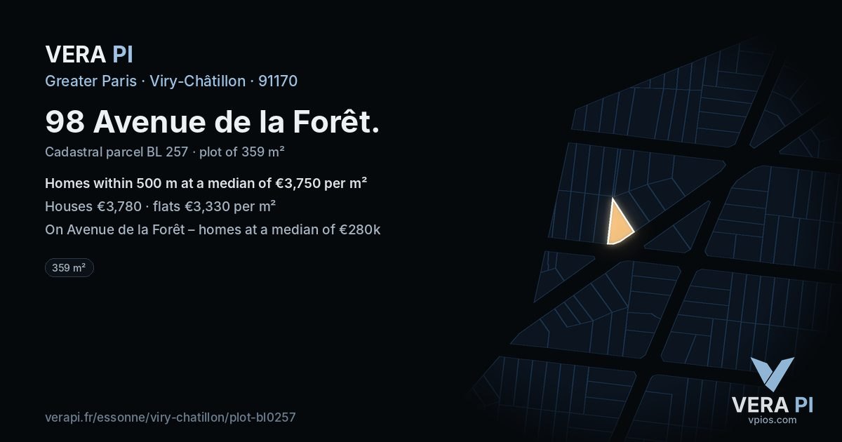 98 Avenue de la Forêt, Viry-Châtillon at night – the plot lit, the parcels around coloured by the prices near them