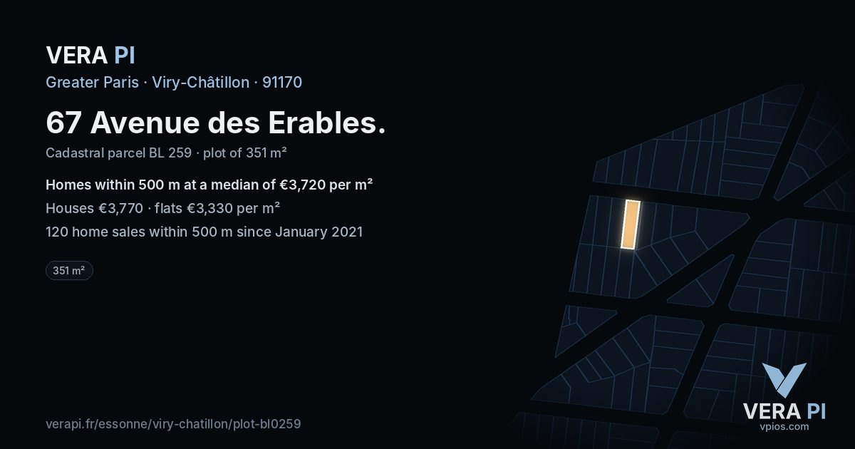 67 Avenue des Erables, Viry-Châtillon at night – the plot lit, the parcels around coloured by the prices near them