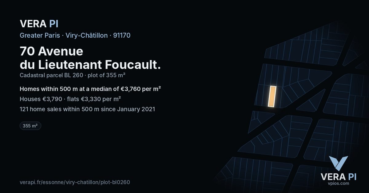 70 Avenue du Lieutenant Foucault, Viry-Châtillon at night – the plot lit, the parcels around coloured by the prices near them