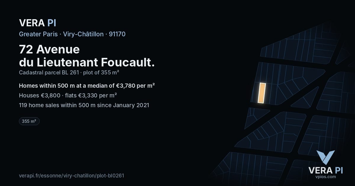 72 Avenue du Lieutenant Foucault, Viry-Châtillon at night – the plot lit, the parcels around coloured by the prices near them