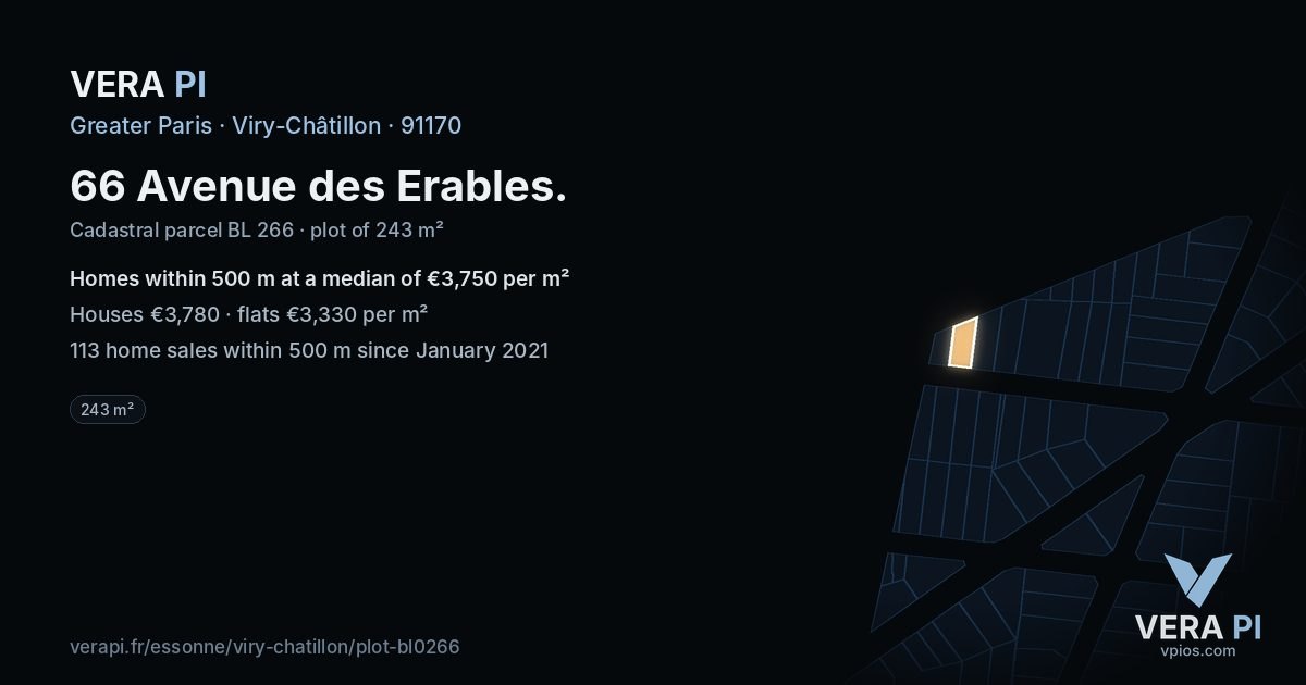 66 Avenue des Erables, Viry-Châtillon at night – the plot lit, the parcels around coloured by the prices near them