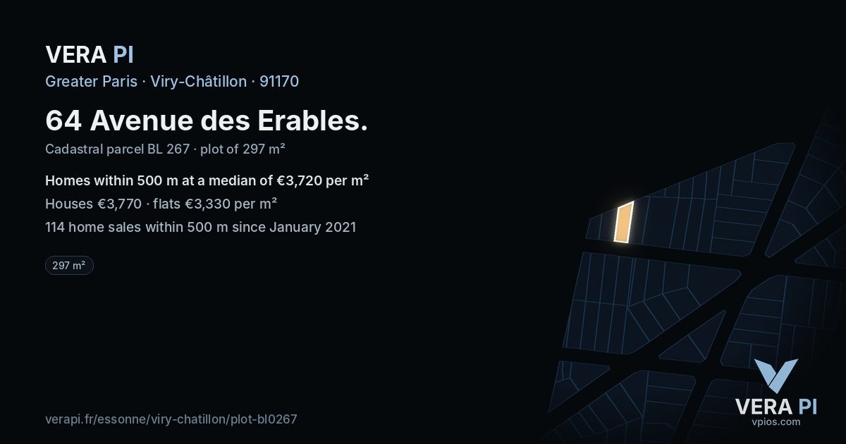 64 Avenue des Erables, Viry-Châtillon at night – the plot lit, the parcels around coloured by the prices near them