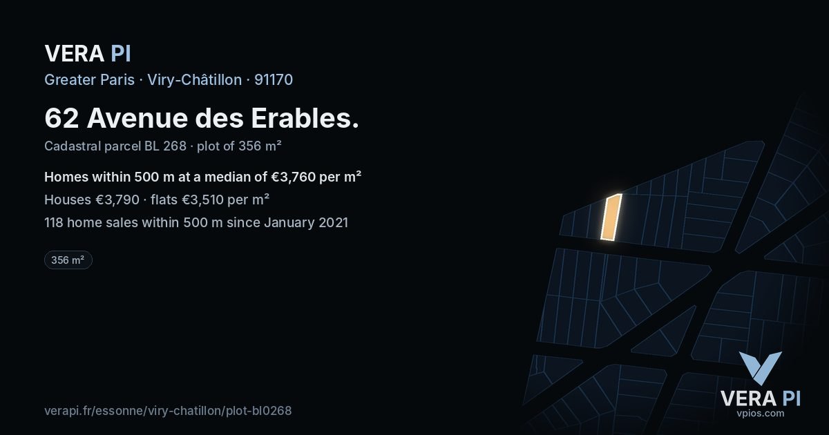 62 Avenue des Erables, Viry-Châtillon at night – the plot lit, the parcels around coloured by the prices near them
