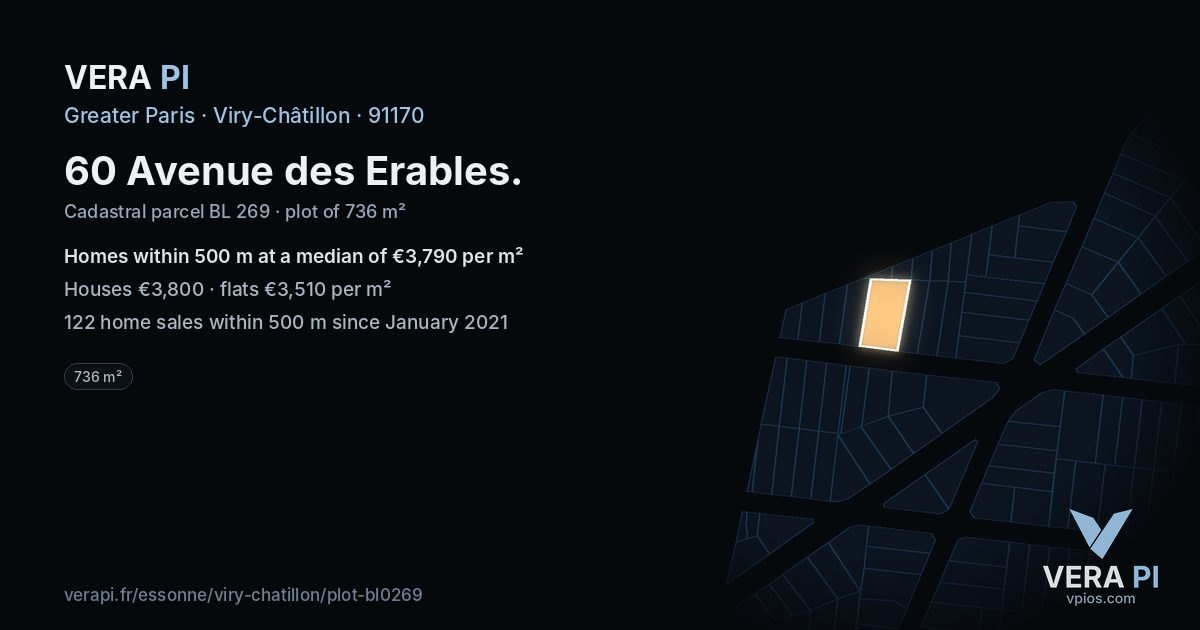 60 Avenue des Erables, Viry-Châtillon at night – the plot lit, the parcels around coloured by the prices near them