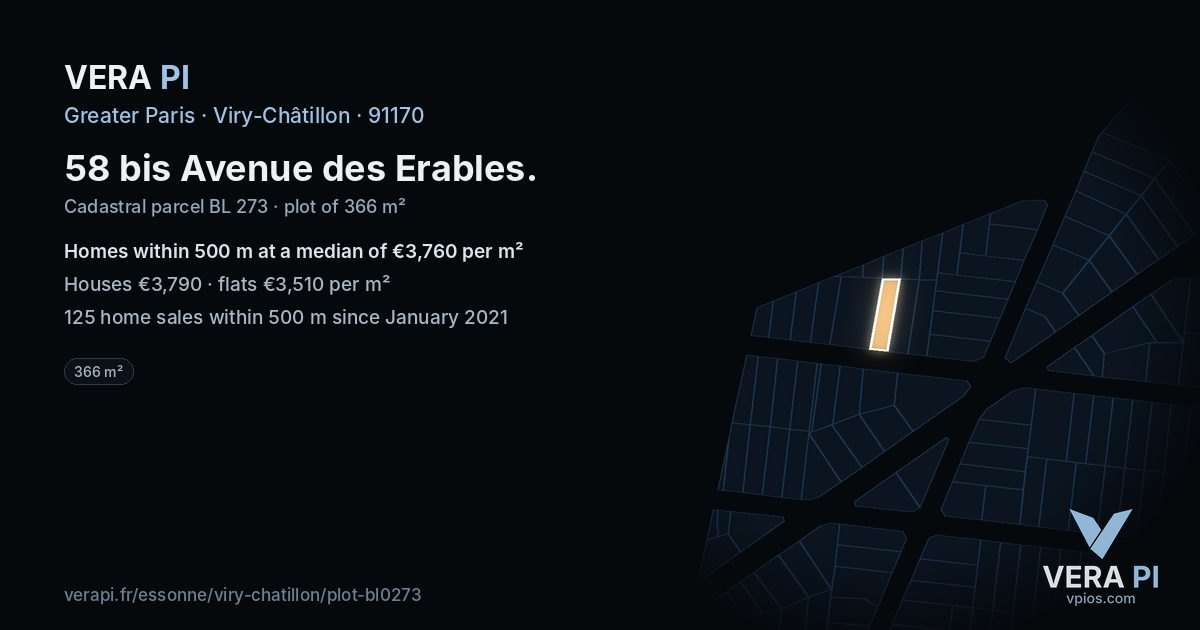58 bis Avenue des Erables, Viry-Châtillon at night – the plot lit, the parcels around coloured by the prices near them