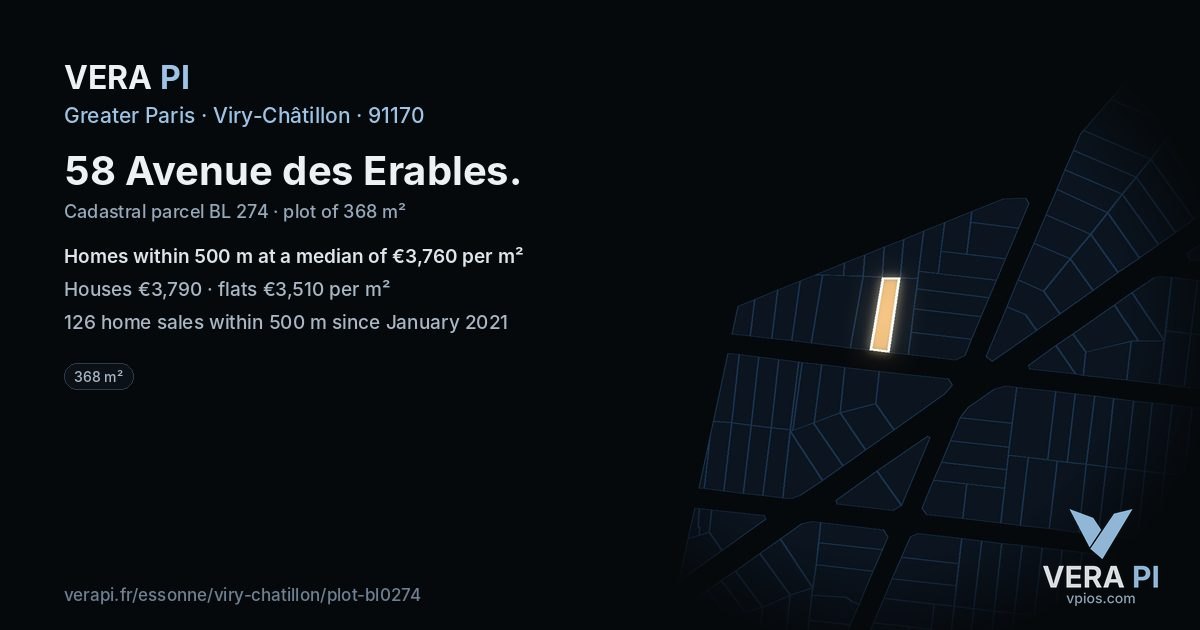58 Avenue des Erables, Viry-Châtillon at night – the plot lit, the parcels around coloured by the prices near them