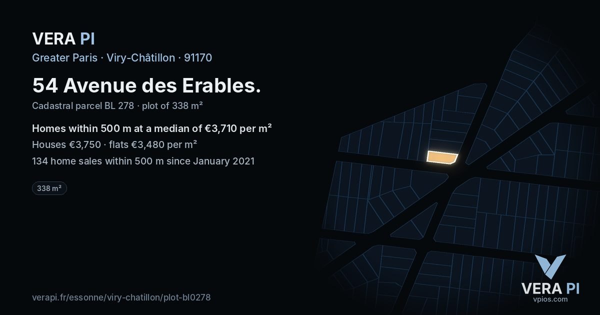 54 Avenue des Erables, Viry-Châtillon at night – the plot lit, the parcels around coloured by the prices near them