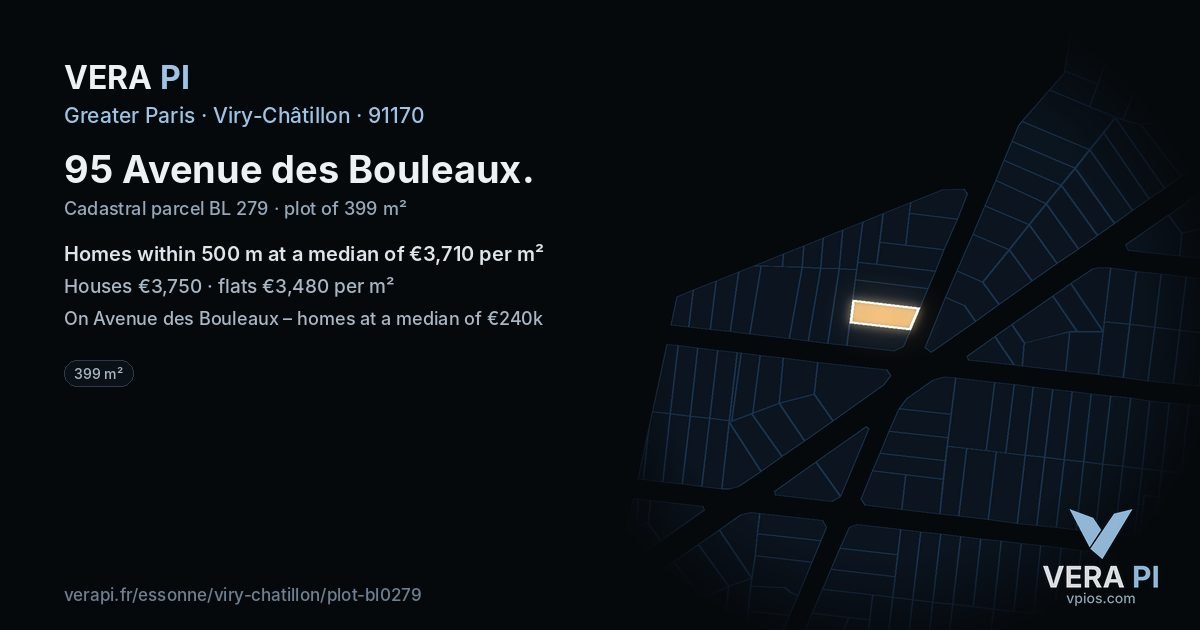 95 Avenue des Bouleaux, Viry-Châtillon at night – the plot lit, the parcels around coloured by the prices near them