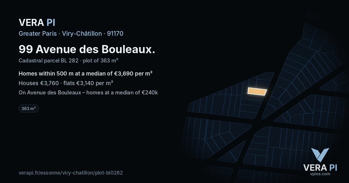 99 Avenue des Bouleaux, Viry-Châtillon at night – the plot lit, the parcels around coloured by the prices near them