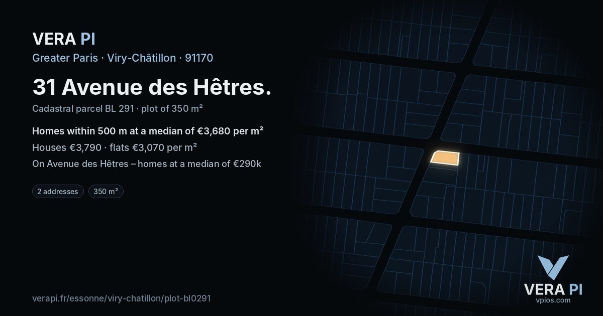 31 Avenue des Hêtres, Viry-Châtillon at night – the plot lit, the parcels around coloured by the prices near them