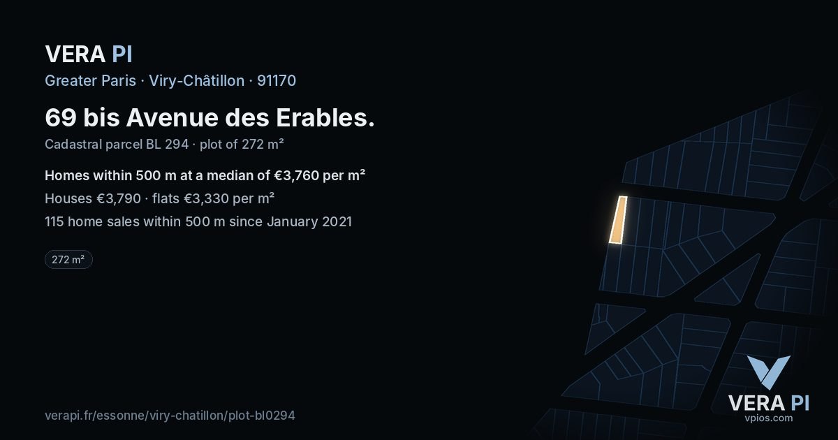 69 bis Avenue des Erables, Viry-Châtillon at night – the plot lit, the parcels around coloured by the prices near them