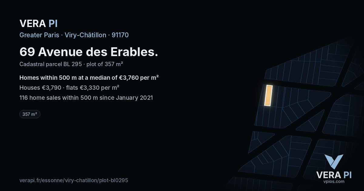69 Avenue des Erables, Viry-Châtillon at night – the plot lit, the parcels around coloured by the prices near them