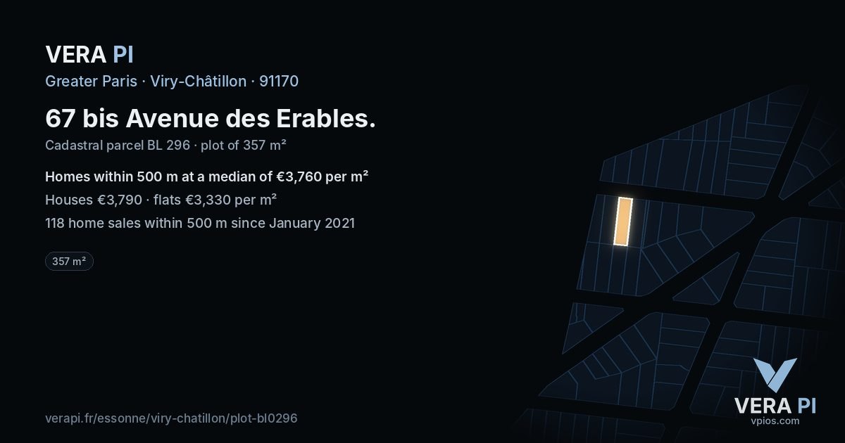 67 bis Avenue des Erables, Viry-Châtillon at night – the plot lit, the parcels around coloured by the prices near them