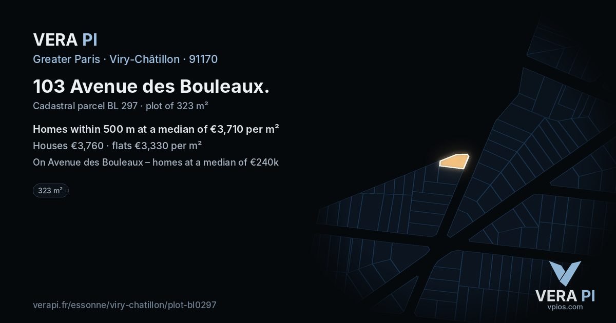 103 Avenue des Bouleaux, Viry-Châtillon at night – the plot lit, the parcels around coloured by the prices near them