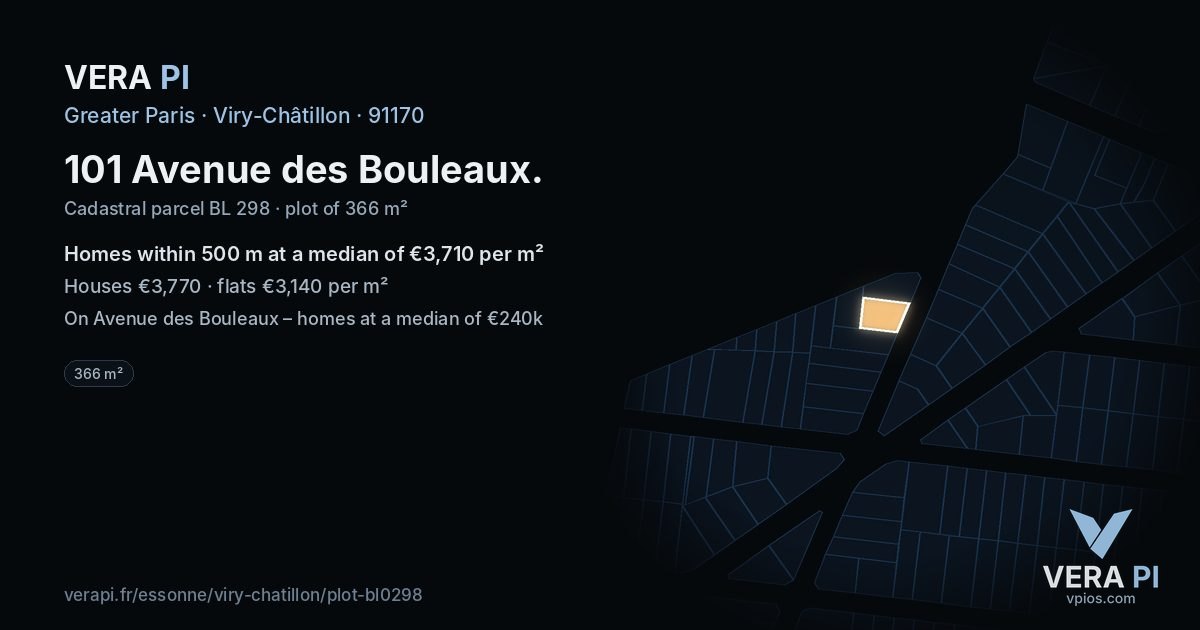 101 Avenue des Bouleaux, Viry-Châtillon at night – the plot lit, the parcels around coloured by the prices near them