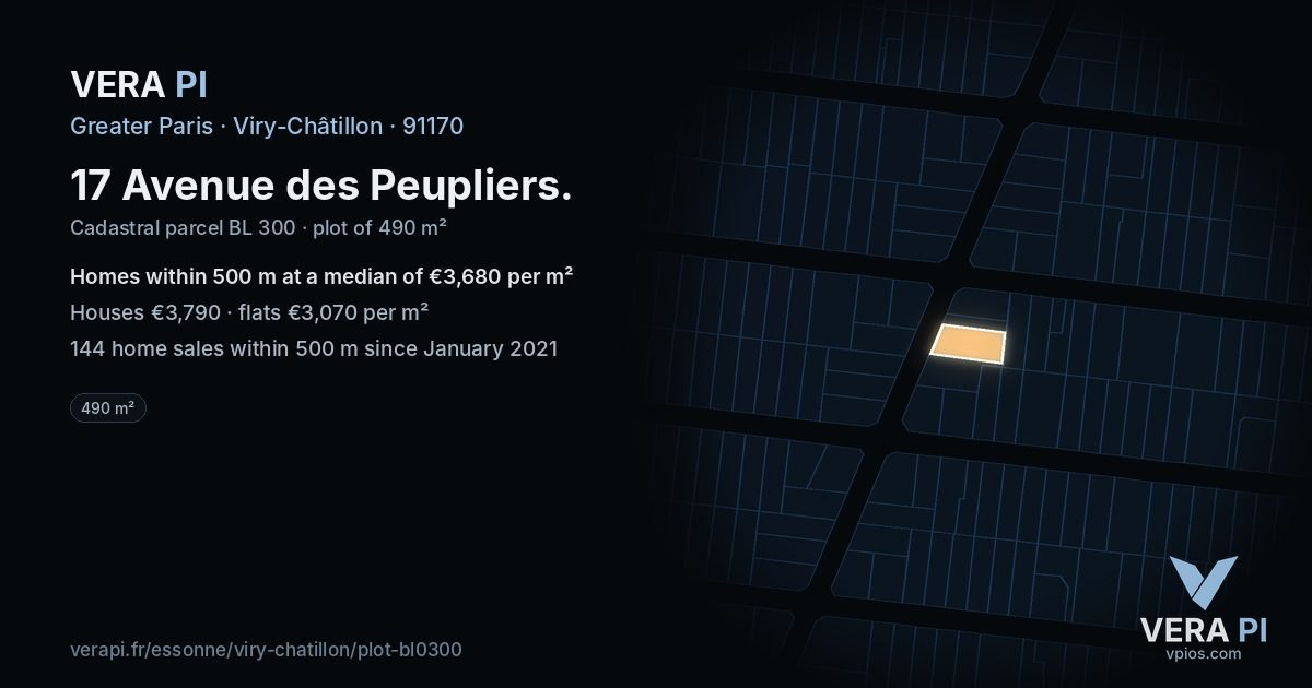 17 Avenue des Peupliers, Viry-Châtillon at night – the plot lit, the parcels around coloured by the prices near them
