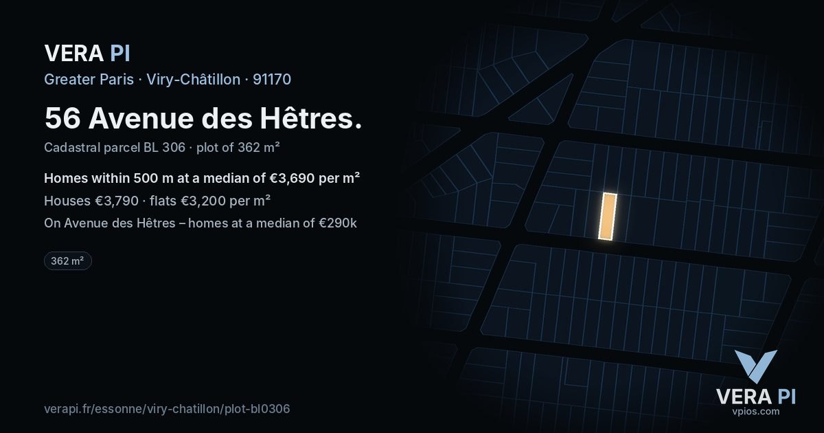 56 Avenue des Hêtres, Viry-Châtillon at night – the plot lit, the parcels around coloured by the prices near them