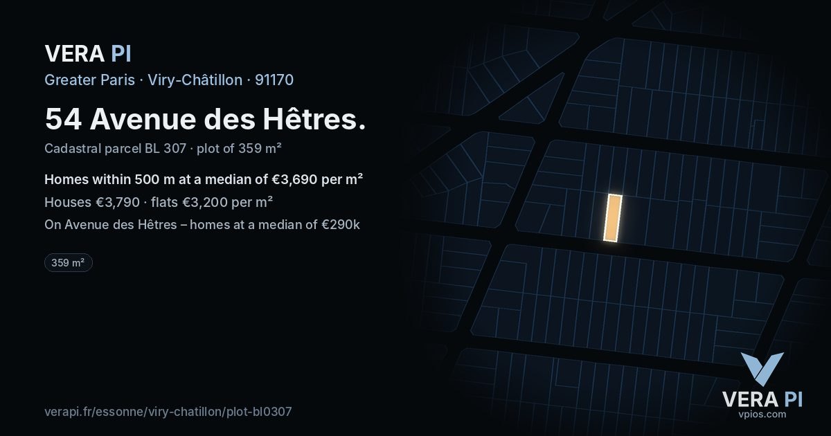 54 Avenue des Hêtres, Viry-Châtillon at night – the plot lit, the parcels around coloured by the prices near them