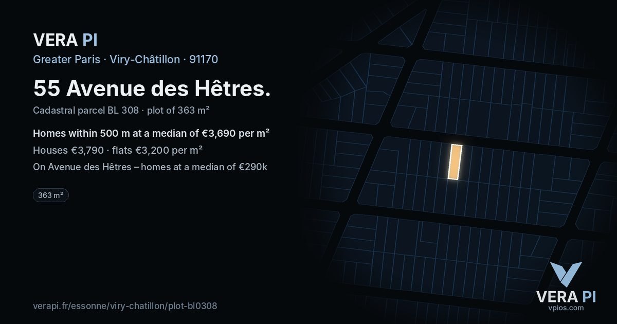55 Avenue des Hêtres, Viry-Châtillon at night – the plot lit, the parcels around coloured by the prices near them
