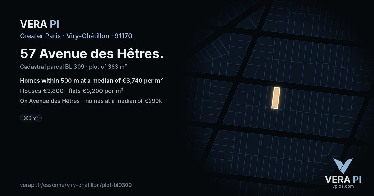 57 Avenue des Hêtres, Viry-Châtillon at night – the plot lit, the parcels around coloured by the prices near them