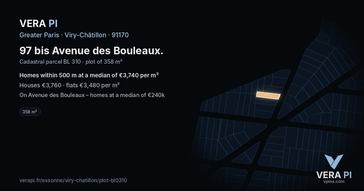 97 bis Avenue des Bouleaux, Viry-Châtillon at night – the plot lit, the parcels around coloured by the prices near them