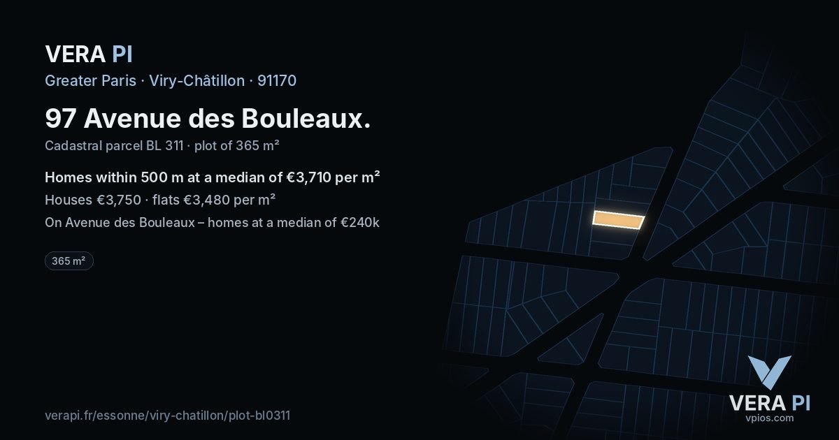 97 Avenue des Bouleaux, Viry-Châtillon at night – the plot lit, the parcels around coloured by the prices near them