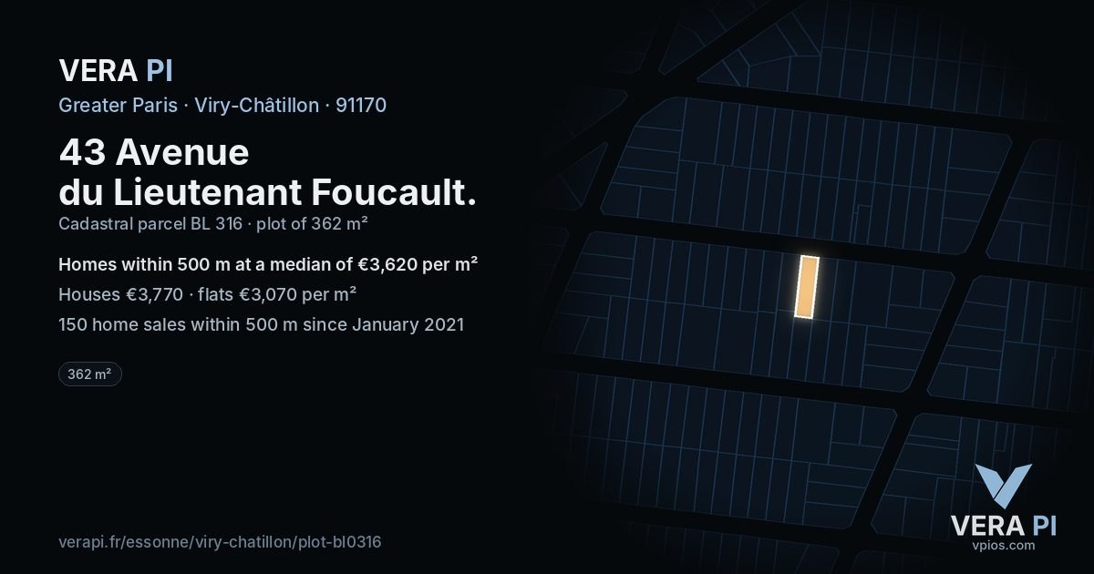 43 Avenue du Lieutenant Foucault, Viry-Châtillon at night – the plot lit, the parcels around coloured by the prices near them