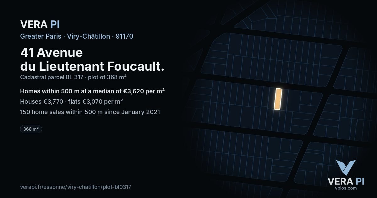 41 Avenue du Lieutenant Foucault, Viry-Châtillon at night – the plot lit, the parcels around coloured by the prices near them