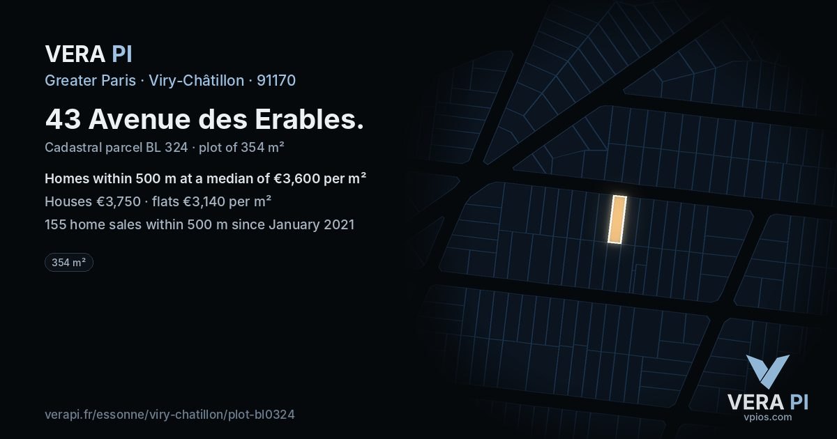 43 Avenue des Erables, Viry-Châtillon at night – the plot lit, the parcels around coloured by the prices near them