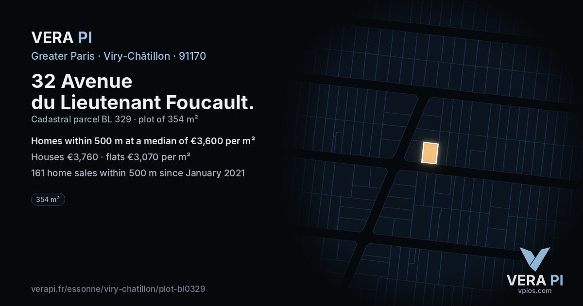 32 Avenue du Lieutenant Foucault, Viry-Châtillon at night – the plot lit, the parcels around coloured by the prices near them