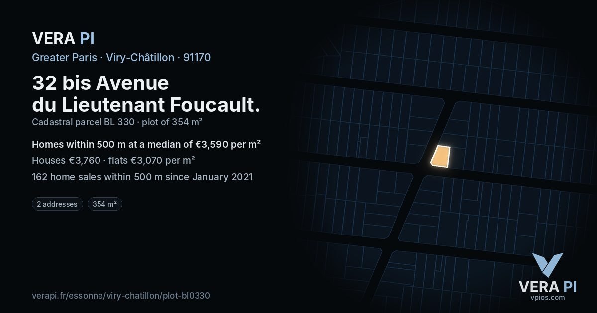 32 bis Avenue du Lieutenant Foucault, Viry-Châtillon at night – the plot lit, the parcels around coloured by the prices near them
