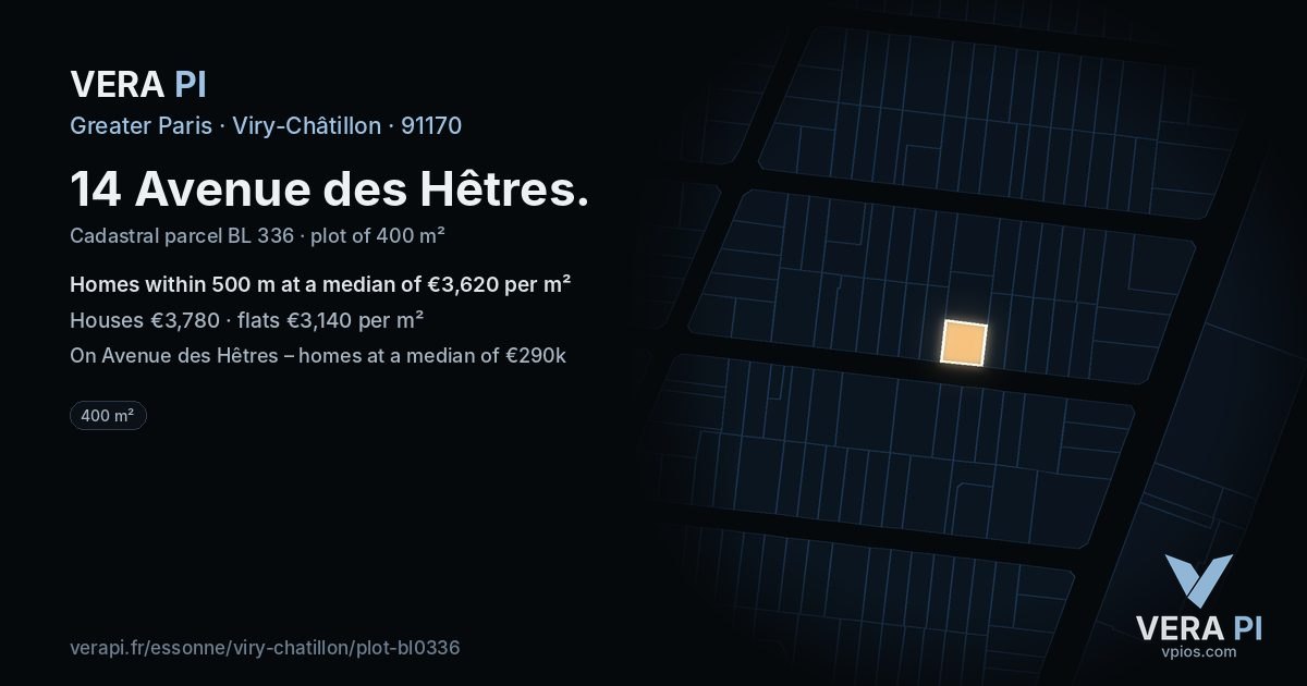 14 Avenue des Hêtres, Viry-Châtillon at night – the plot lit, the parcels around coloured by the prices near them