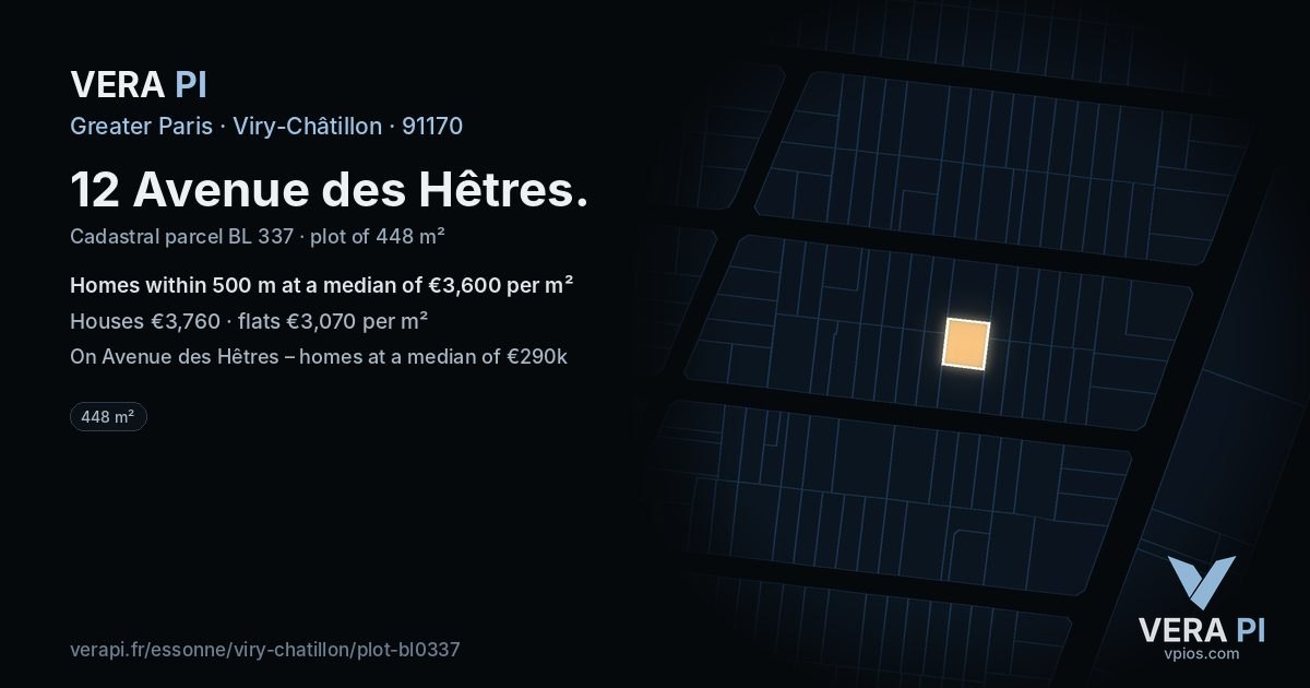 12 Avenue des Hêtres, Viry-Châtillon at night – the plot lit, the parcels around coloured by the prices near them